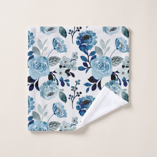 Botanisch-wasserfarbene Navy Badhandtuch Set (Waschlappen)