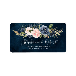 Botanische Adresse des Navy Blue Blush Pink Rose Adressaufkleber