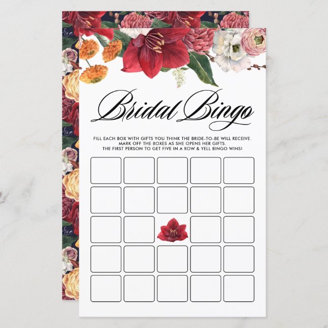 Botanische Amaryllis Brautparty Bingo Game Card (Vorne/Hinten)