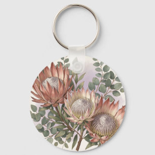 Botanische Anordnung aus rosa Protea und Eukalyptu Schlüsselanhänger