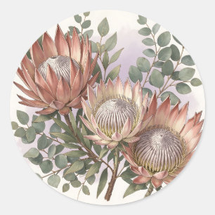 Botanische Anordnung Pink Protea Eukalyptus Runder Aufkleber