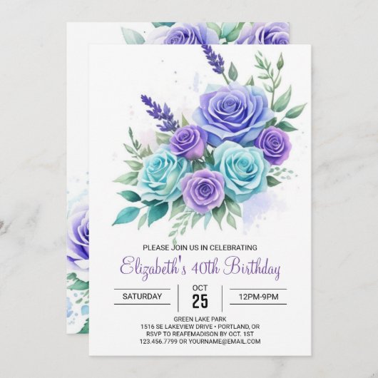 Botanische Aquamarine Blumenüberraschung 40. Gebur Einladung (Vorne/Hinten)