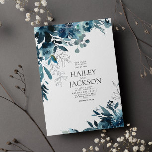 Botanische aquamarine indigofarbene Hochzeit Einladung