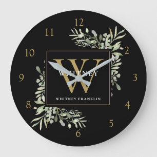 Botanische Aquarell-Grün-Monogramm Schwarz Gold Große Wanduhr