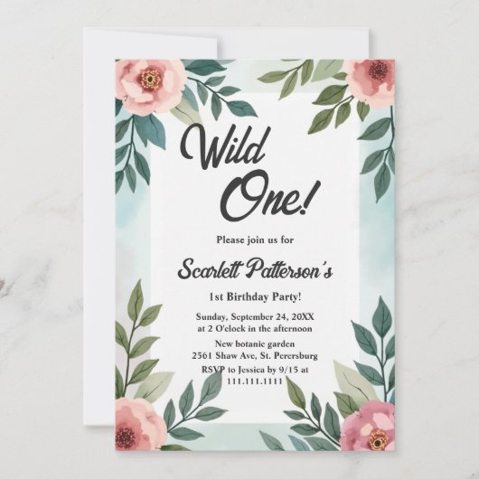 Botanische Aquarellblume Wild 1. Geburtstag Einladung (Vorderseite)
