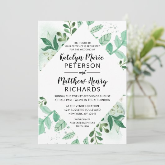 Botanische Aquarellblütenhochzeit aus frischen Blä Einladung (Stehend Vorderseite)