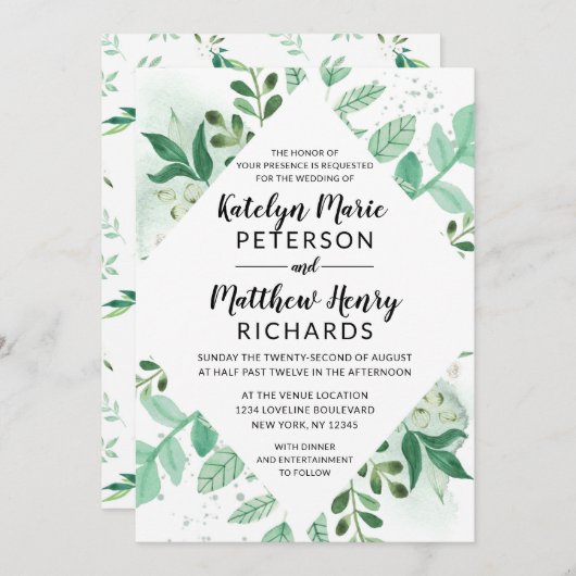 Botanische Aquarellblütenhochzeit aus frischen Blä Einladung (Vorne/Hinten)