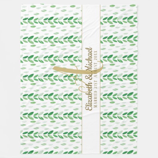 Botanische Aquarellen-Grüne Weddin Gold Monogram Fleecedecke (Vorderseite)