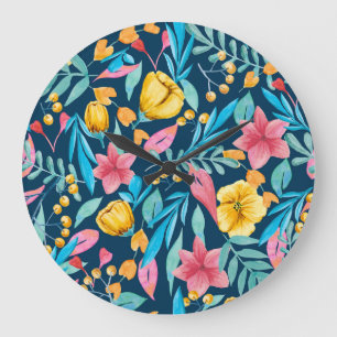Botanische Aquarellfarbe: Blume, Blätter verzieren Große Wanduhr
