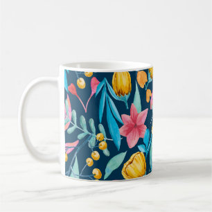 Botanische Aquarellfarbe: Blume, Blätter verzieren Kaffeetasse