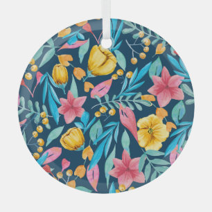 Botanische Aquarellfarbe: Blume, Blätter verzieren Ornament Aus Glas