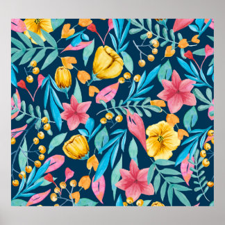 Botanische Aquarellfarbe: Blume, Blätter verzieren Poster