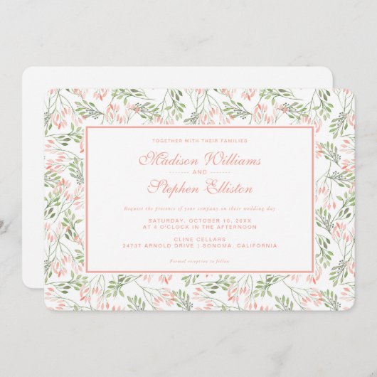 Botanische Aquarellfarbe Grün/Rosa - Hochzeit Einladung (Vorne/Hinten)
