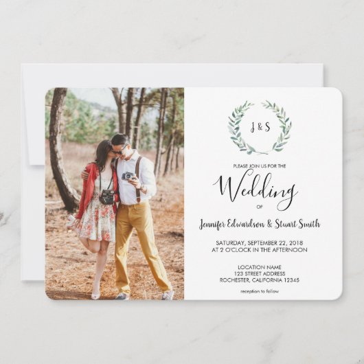 Botanische Aquarellfarben Blätter Monogramm Foto H Einladung (Vorderseite)