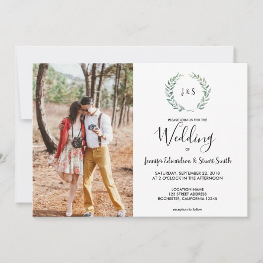 Botanische Aquarellfarben Blätter Monogramm Foto H Einladung (Vorderseite)