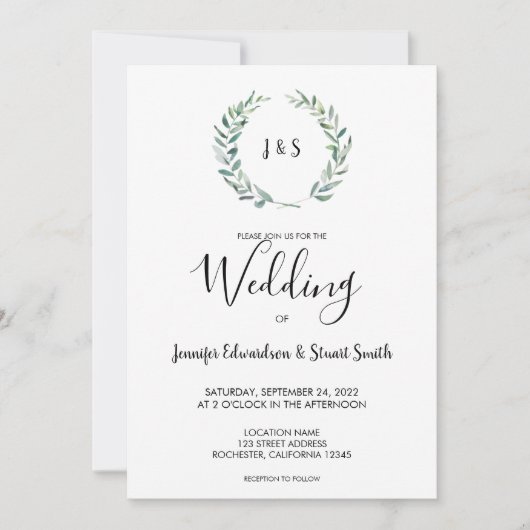 Botanische Aquarellfarben Blätter Monogramm Foto H Einladung (Vorderseite)