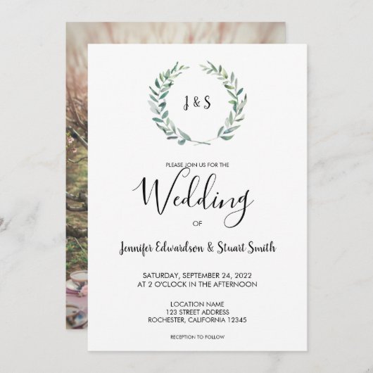 Botanische Aquarellfarben Blätter Monogramm Foto H Einladung (Vorne/Hinten)