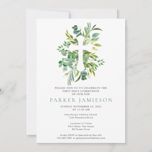 Botanische Aquarellfarben Grüntöne Erste Heilige K Einladung (Vorderseite)