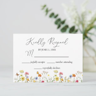 Botanische Aquarellfische Wildblume & Schmetterlin RSVP Karte