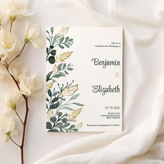Botanische Aquarellgoldgrün Hochzeit Einladung