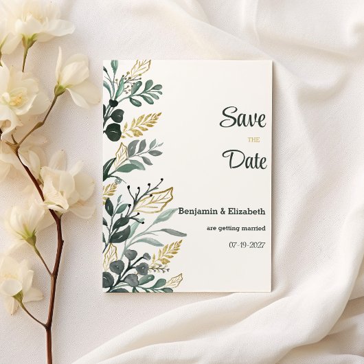 Botanische Aquarellgoldgrün Save the Date Einladung