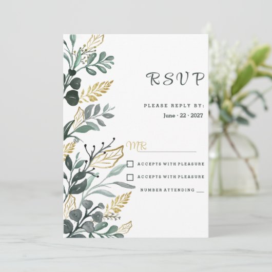 Botanische Aquarellgoldgrün UAWG Einladung (Stehend Vorderseite)