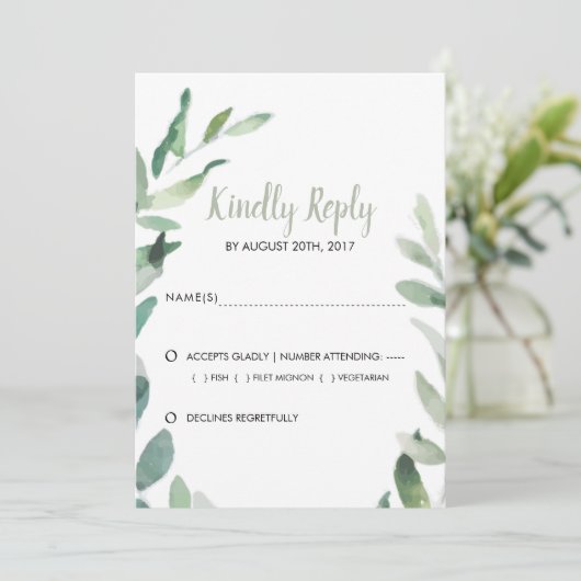 Botanische Aquarelloliven-Blätter Hochzeit RSVP Save The Date (Stehend Vorderseite)