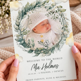 Botanische Baby-Aquarell-Grün-Neugeborenen-Geburt Ankündigung