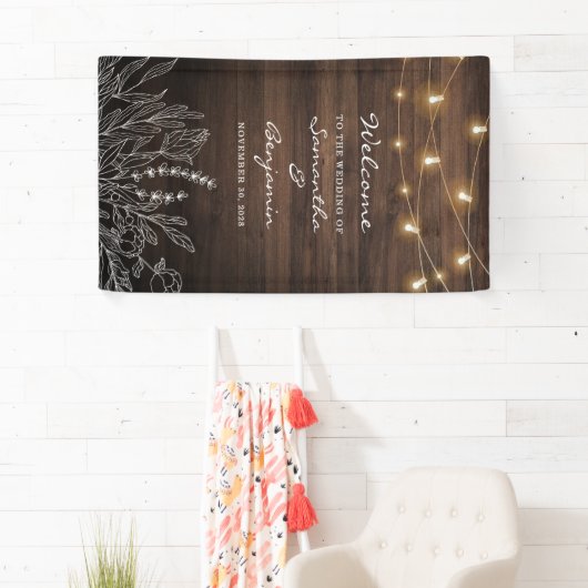 Botanische Begrüßung mit rustikalen String-Lichter Banner (Insitu)