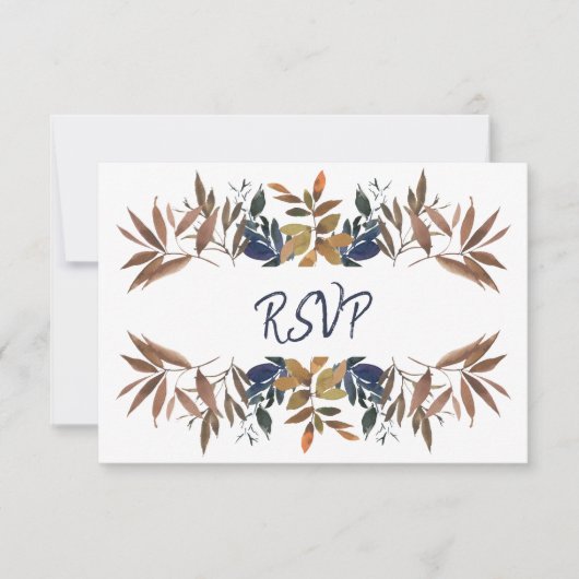 Botanische Beige Navy Blue Wedding RSVP Karte (Vorderseite)