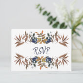 Botanische Beige Navy Blue Wedding RSVP Karte (Stehend Vorderseite)