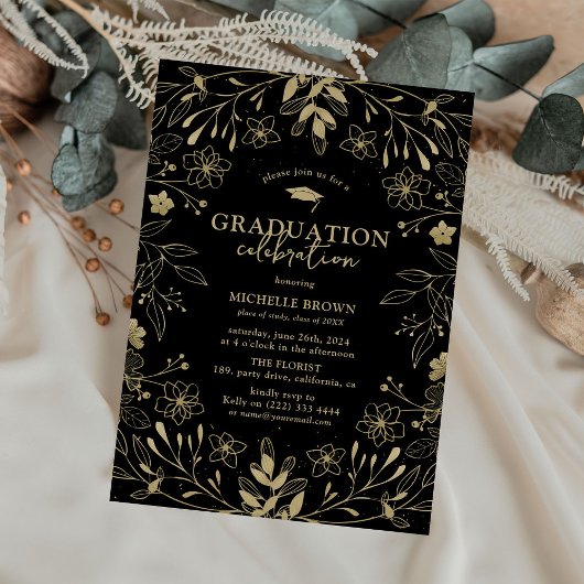 Botanische Black & Gold Graduation Party Einladung