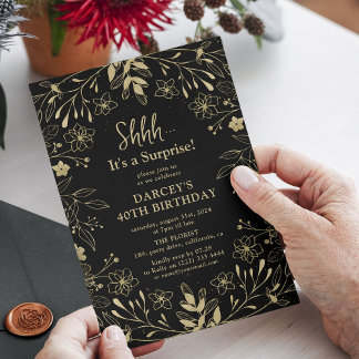 Botanische Black & Gold Überraschung Geburtstagspa Einladung