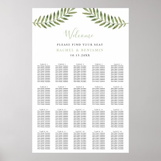 Botanische Blätter Aquarellfarben Hochzeitskarte Poster (Vorne)