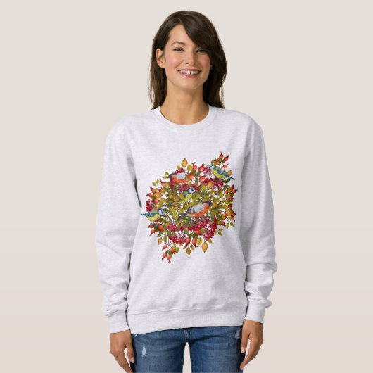 Botanische Blätter Beeren und Vögel Herbst Sweatshirt (Vorne ganz)