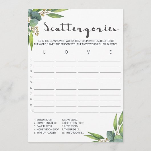 Botanische Blätter Brautparty Gamescattergories (Vorderseite)