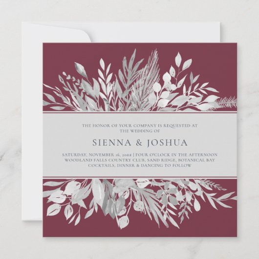Botanische Blätter Burgund Gray Square Wedding Einladung