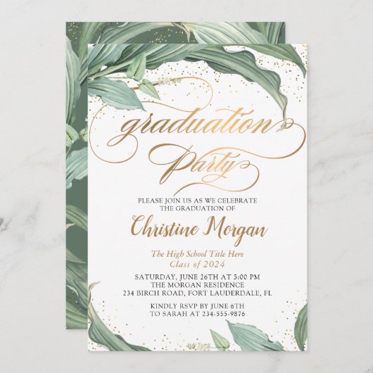 Botanische Blätter Gold-Script-Graduierungspartei Einladung (Vorne/Hinten)