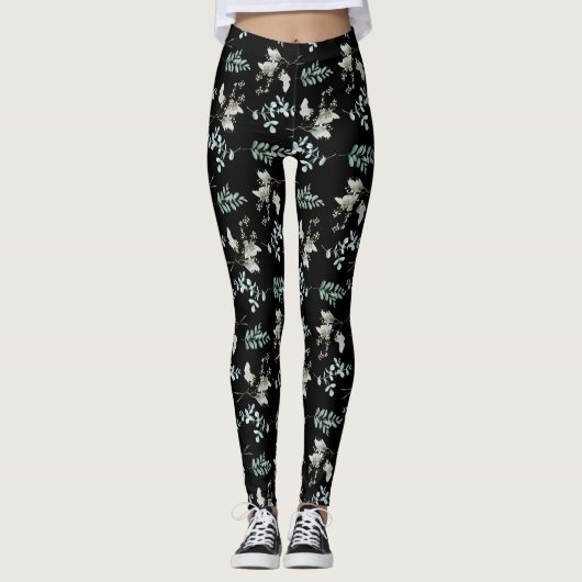 Botanische Blätter grün und schwarz Leggings (Vorderseite)