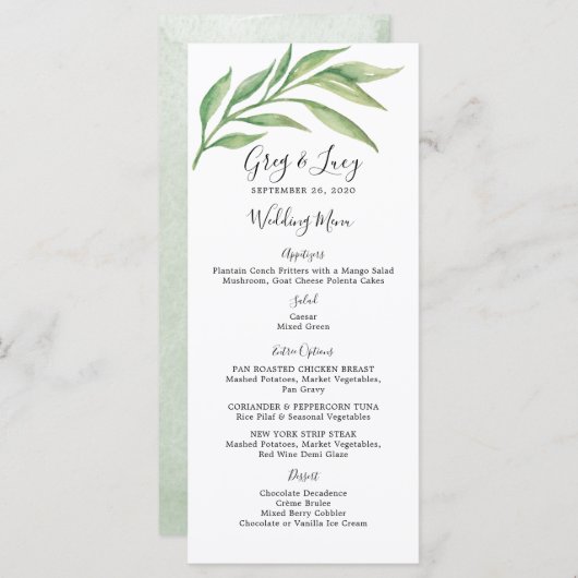 Botanische Blätter Hochzeitsmenü Wasserfarbe Menükarte (Vorne/Hinten)