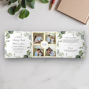 Botanische Blätter Laub Foto Collage Hochzeit Dreifach Gefaltete Einladung