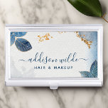 Botanische Blätter mit blauem Goldwasser Visitenkarten Dose<br><div class="desc">Blue Gold Watercolor Botanical Blätter Business Card Case. Ideal für einen Schönheitssalon,  einen Friseur,  einen Schminkkünstler oder Kosmetologen.</div>