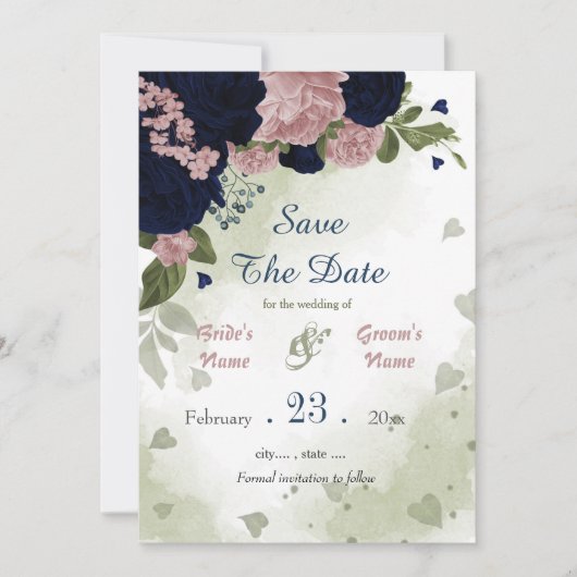 Botanische Blätter mit grünen und rosa Blume Save The Date (Vorderseite)