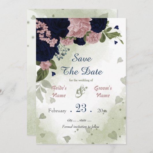 Botanische Blätter mit grünen und rosa Blume Save The Date (Vorne/Hinten)
