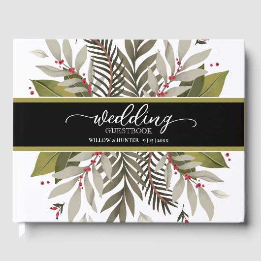 Botanische Blätter mit schwarzer Band-Hochzeit Gästebuch (Vorderseite)