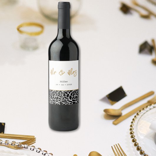 Botanische Blätter Muster Mr. & Mrs. Name Datum Weinetikett