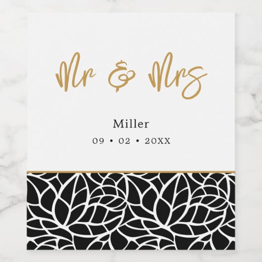 Botanische Blätter Muster Mr. & Mrs. Name Datum Weinetikett (Einzelnes Label)