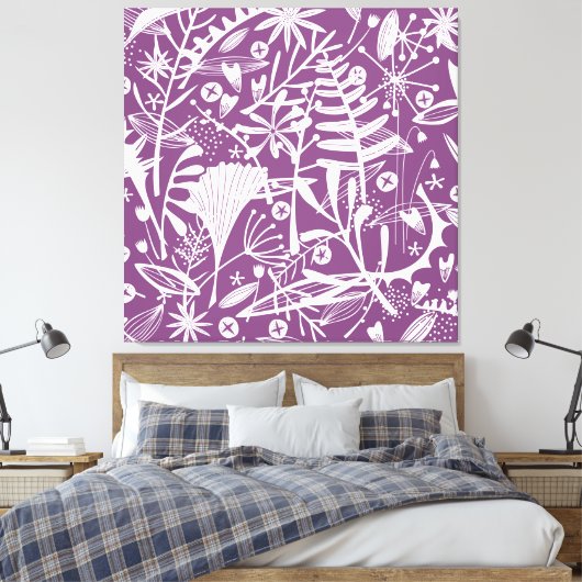 Botanische Blätter Silhouette Lila und weiß Leinwanddruck (Insitu (Schlafzimmer))