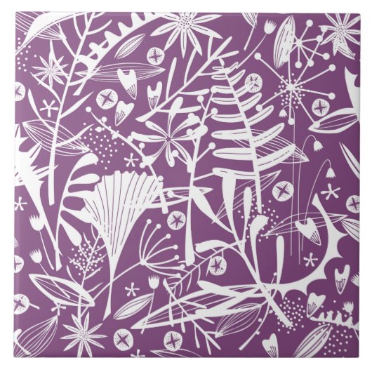 Botanische Blätter und Blume Lila Fliese (Vorderseite)