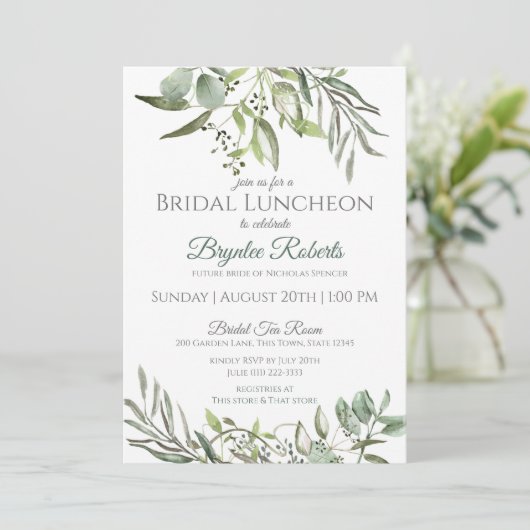 Botanische Blätter und Grüne Bridal Luncheon Einladung (Stehend Vorderseite)